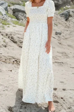 Best Dear-Lover Frilly Shirred Bodice Tiered Floral Maxi Dress White