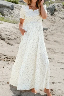 Best Dear-Lover Frilly Shirred Bodice Tiered Floral Maxi Dress White