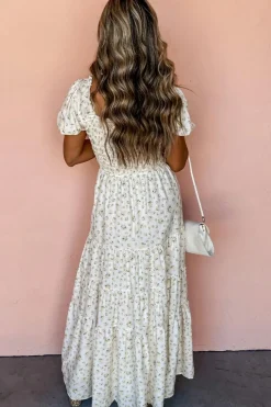 Best Dear-Lover Frilly Shirred Bodice Tiered Floral Maxi Dress White