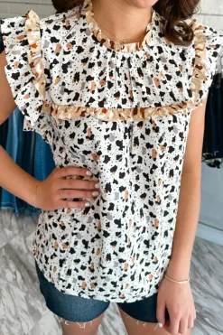 Outlet Dear-Lover Frilly Trim Leopard Animal Spots Blouse White