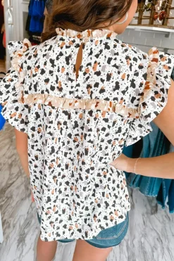 Outlet Dear-Lover Frilly Trim Leopard Animal Spots Blouse White