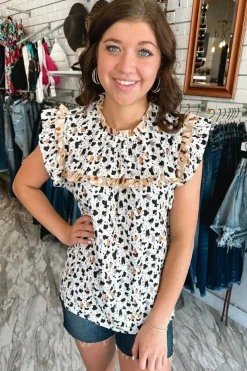 Outlet Dear-Lover Frilly Trim Leopard Animal Spots Blouse White