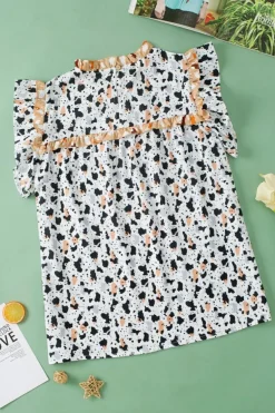 Outlet Dear-Lover Frilly Trim Leopard Animal Spots Blouse White