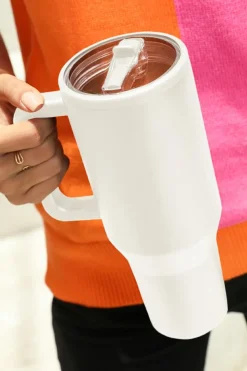 Fashion Dear-Lover Frosted Stainless Handle Large Vacuum Cup with Straw 40oz White