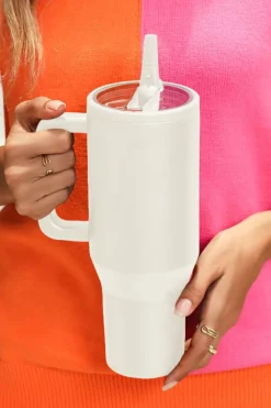 Fashion Dear-Lover Frosted Stainless Handle Large Vacuum Cup with Straw 40oz White