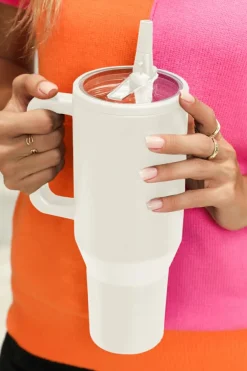 Fashion Dear-Lover Frosted Stainless Handle Large Vacuum Cup with Straw 40oz White