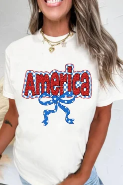 New Dear-Lover Funky America Letter Bow Printed T Shirt White