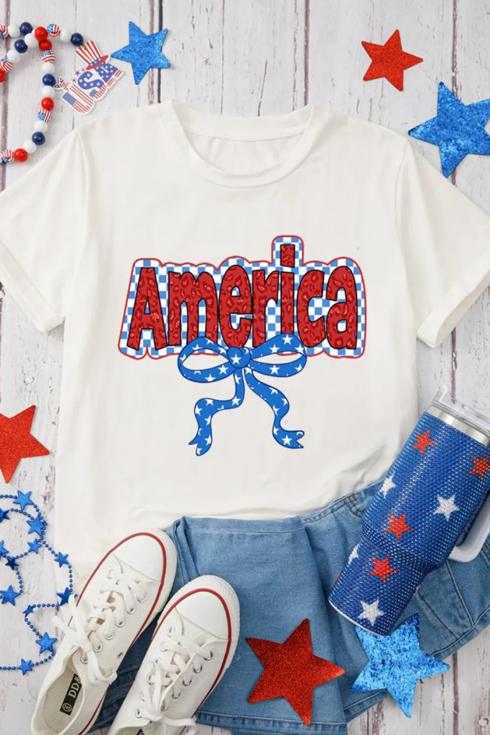 New Dear-Lover Funky America Letter Bow Printed T Shirt White