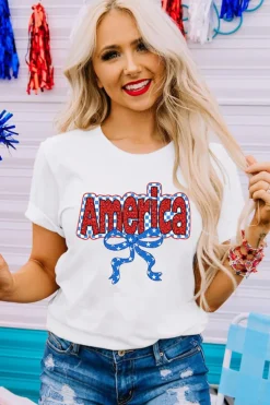 New Dear-Lover Funky America Letter Bow Printed T Shirt White