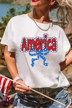 New Dear-Lover Funky America Letter Bow Printed T Shirt White