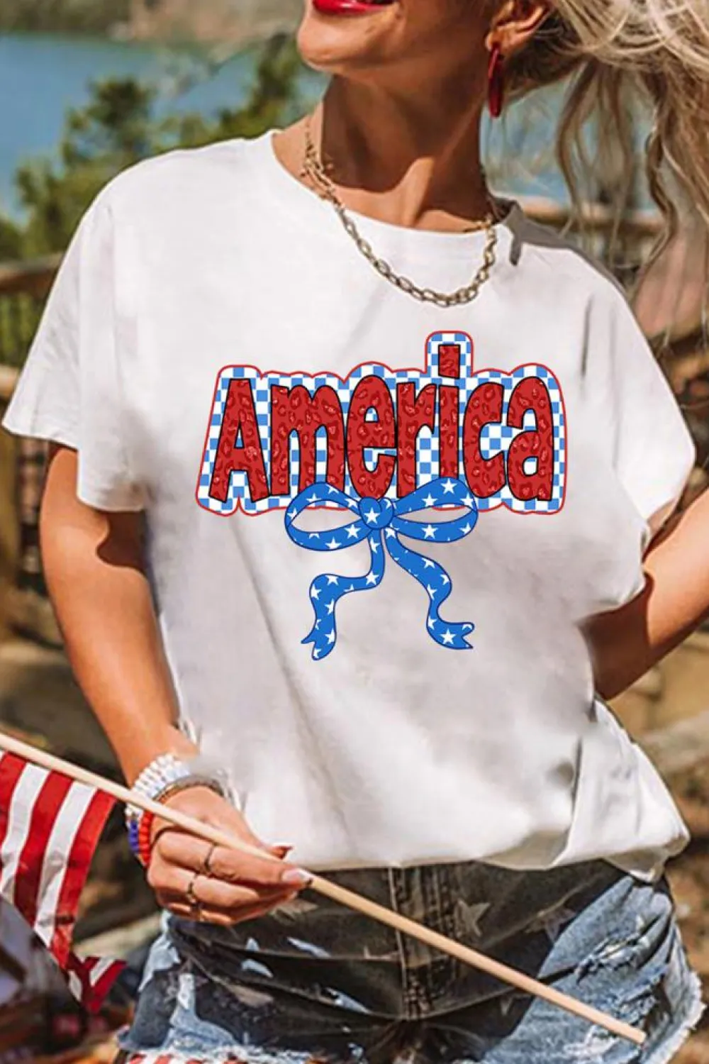 New Dear-Lover Funky America Letter Bow Printed T Shirt White