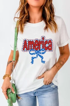 New Dear-Lover Funky America Letter Bow Printed T Shirt White
