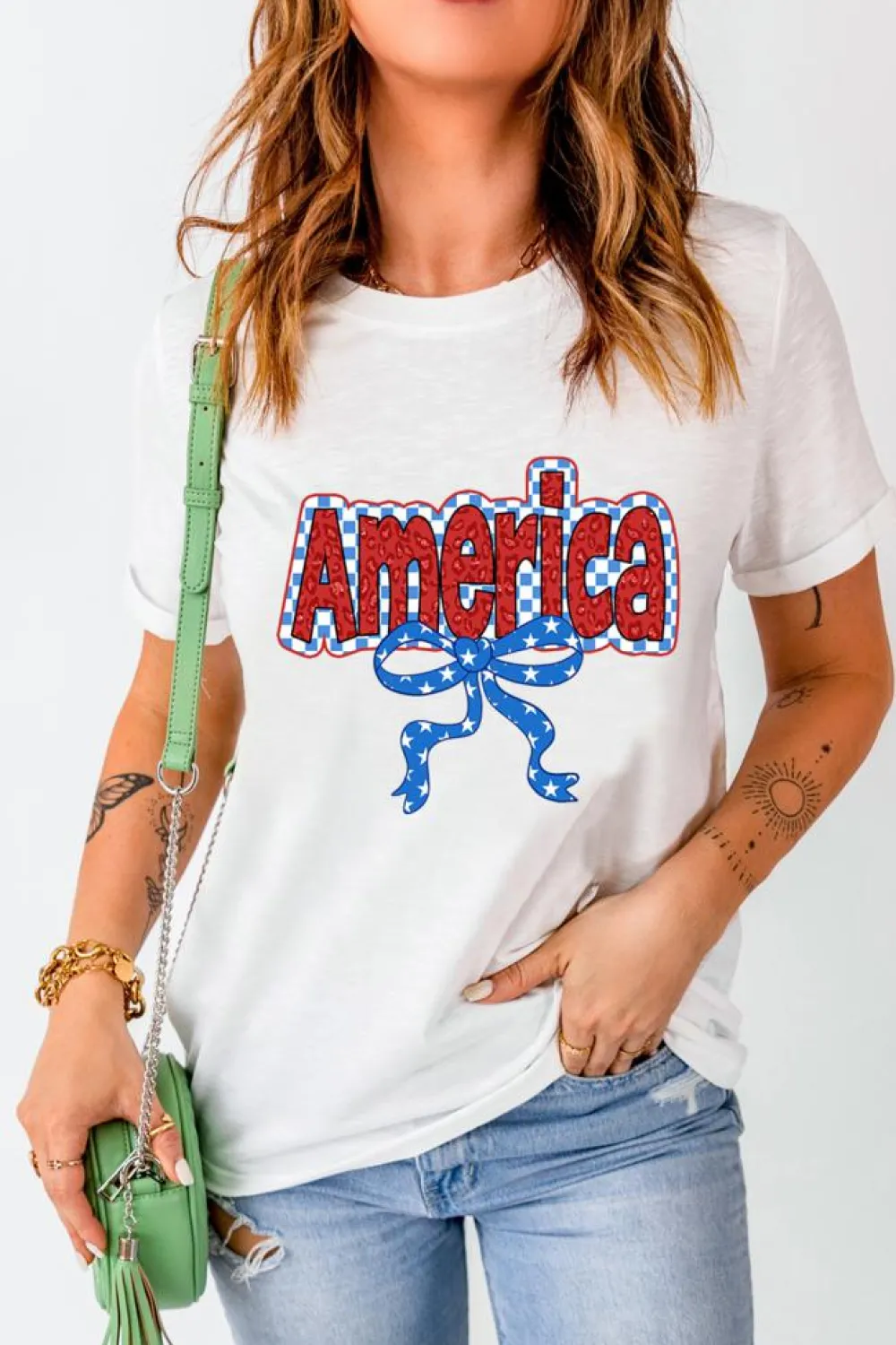 New Dear-Lover Funky America Letter Bow Printed T Shirt White
