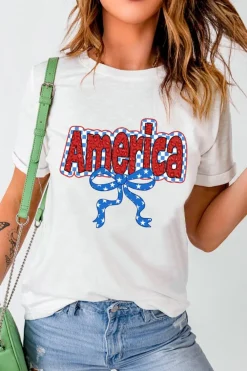 New Dear-Lover Funky America Letter Bow Printed T Shirt White