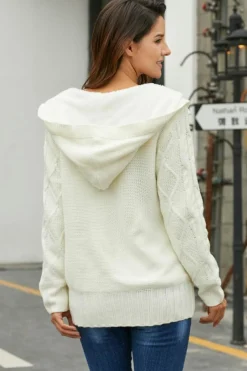 Fashion Dear-Lover Fur Hood Horn Button Sweater Cardigan White