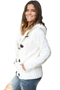 Fashion Dear-Lover Fur Hood Horn Button Sweater Cardigan White