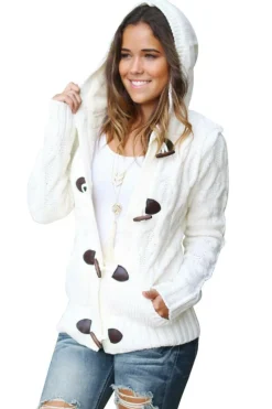 Fashion Dear-Lover Fur Hood Horn Button Sweater Cardigan White