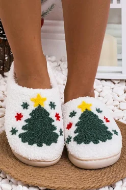 Fashion Dear-Lover Fuzzy Christmas Tree Pattern Home Slippers White