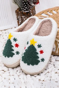 Fashion Dear-Lover Fuzzy Christmas Tree Pattern Home Slippers White