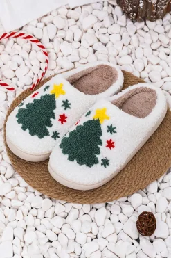 Fashion Dear-Lover Fuzzy Christmas Tree Pattern Home Slippers White