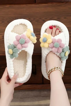 Discount Dear-Lover Fuzzy Flower Cross Strap Open Toe Slippers White