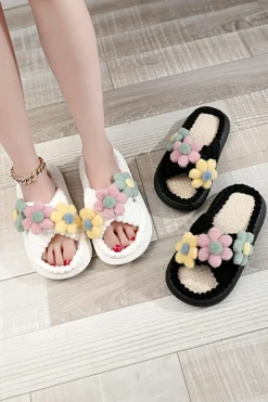 Discount Dear-Lover Fuzzy Flower Cross Strap Open Toe Slippers White