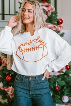 Fashion Dear-Lover Game Day Lettering Rugby Football Notched Neck Sweatshirt White