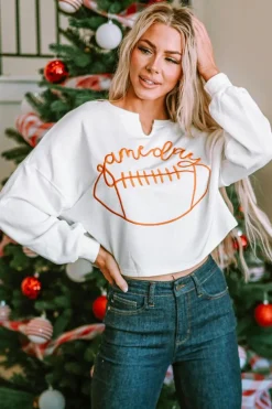 Fashion Dear-Lover Game Day Lettering Rugby Football Notched Neck Sweatshirt White
