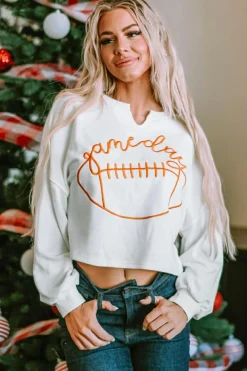 Fashion Dear-Lover Game Day Lettering Rugby Football Notched Neck Sweatshirt White