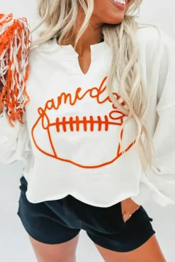Fashion Dear-Lover Game Day Lettering Rugby Football Notched Neck Sweatshirt White