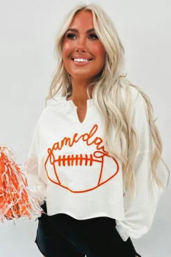 Fashion Dear-Lover Game Day Lettering Rugby Football Notched Neck Sweatshirt White