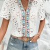 Hot Dear-Lover Geometric Embroidery Hollow Out Blouse White