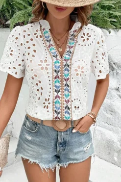 Hot Dear-Lover Geometric Embroidery Hollow Out Blouse White