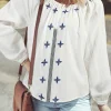Discount Dear-Lover Geometric Embroidered Long Sleeve Buttoned Blouse White