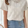 Hot Dear-Lover Geometric Embroidered Slim Fit O Neck T Shirt White