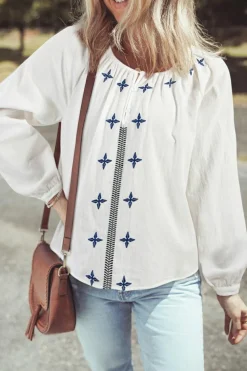 Discount Dear-Lover Geometric Embroidered Long Sleeve Buttoned Blouse White