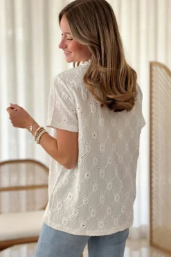 Hot Dear-Lover Geometric Embroidered Slim Fit O Neck T Shirt White