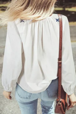 Discount Dear-Lover Geometric Embroidered Long Sleeve Buttoned Blouse White