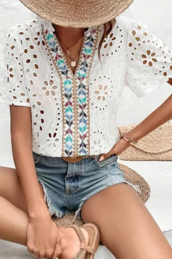 Hot Dear-Lover Geometric Embroidery Hollow Out Blouse White