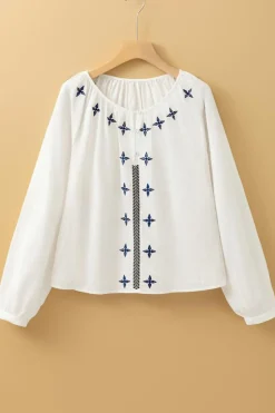 Discount Dear-Lover Geometric Embroidered Long Sleeve Buttoned Blouse White