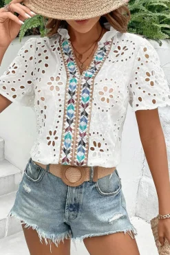 Hot Dear-Lover Geometric Embroidery Hollow Out Blouse White