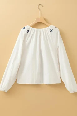 Discount Dear-Lover Geometric Embroidered Long Sleeve Buttoned Blouse White