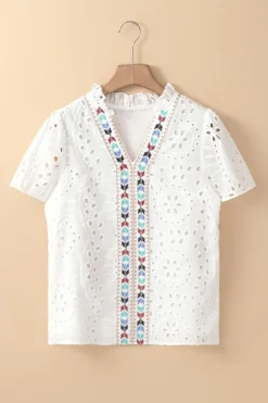 Hot Dear-Lover Geometric Embroidery Hollow Out Blouse White