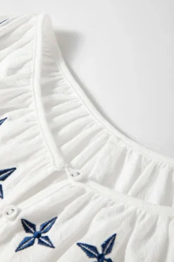 Discount Dear-Lover Geometric Embroidered Long Sleeve Buttoned Blouse White
