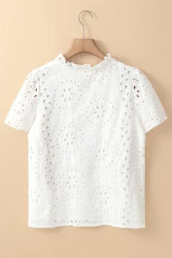 Hot Dear-Lover Geometric Embroidery Hollow Out Blouse White