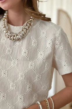 Hot Dear-Lover Geometric Embroidered Slim Fit O Neck T Shirt White