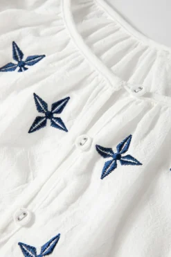 Discount Dear-Lover Geometric Embroidered Long Sleeve Buttoned Blouse White