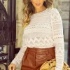 Fashion Dear-Lover Geometric Lace Buttoned Decor Long Sleeve Blouse White
