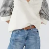New Dear-Lover Geometric Textured Short Sleeve Frilly V Neck Blouse White