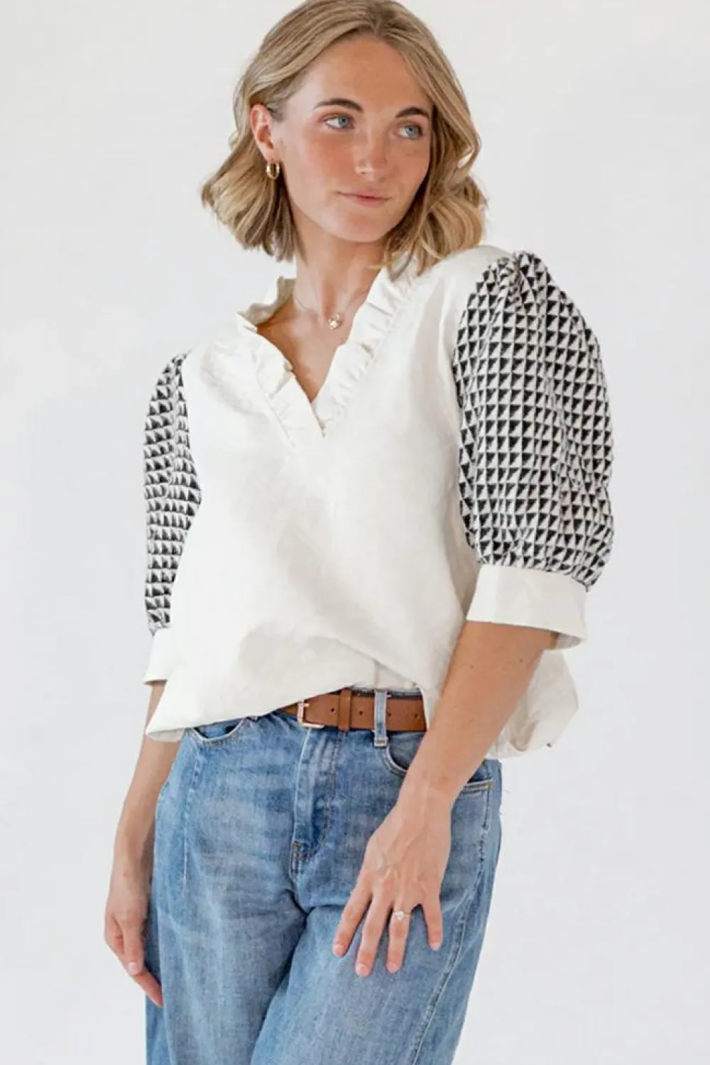 New Dear-Lover Geometric Textured Short Sleeve Frilly V Neck Blouse White